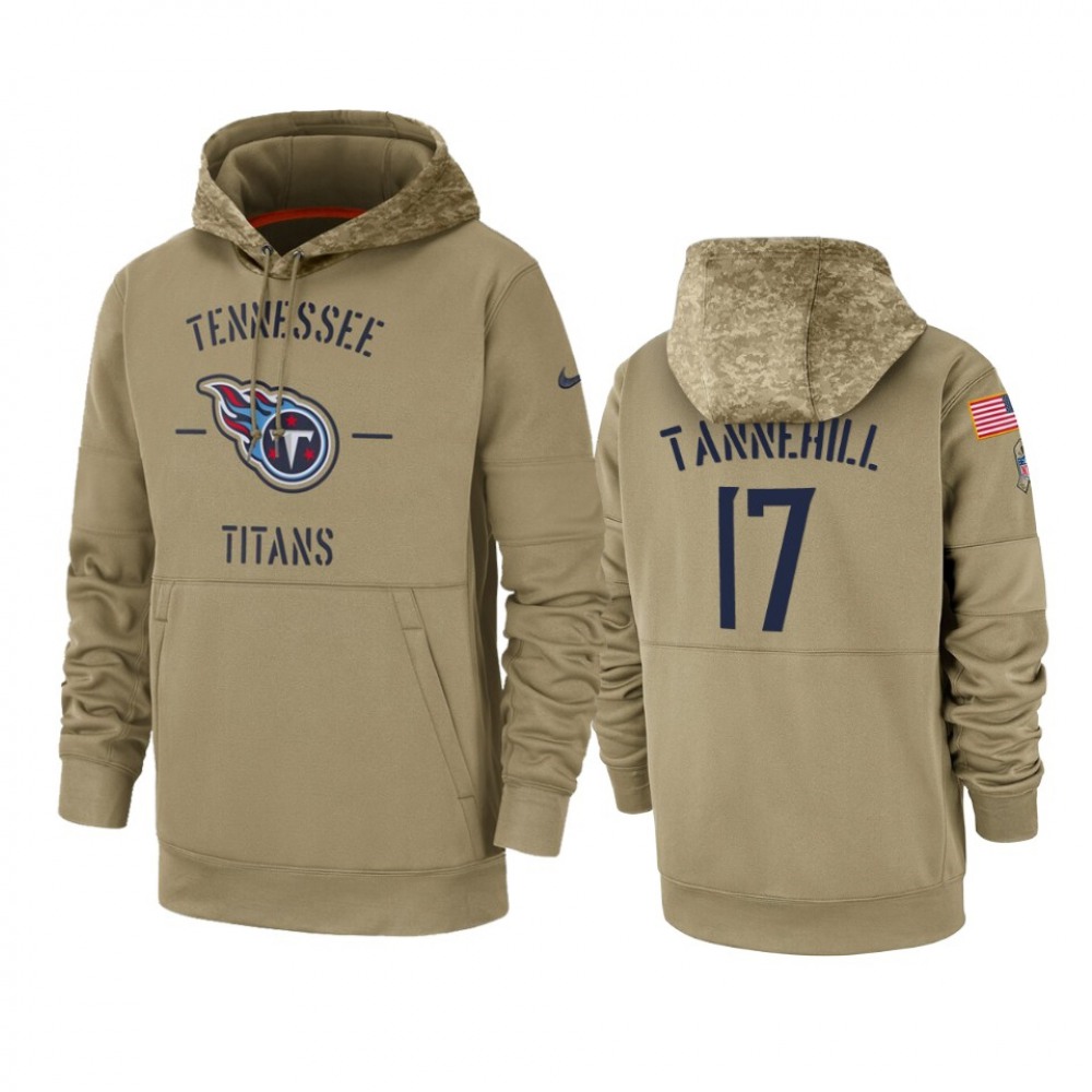 Men's Tennessee Titans #17 Ryan Tannehill Tan 2019 Salute to Service Sideline Therma Pullover Hoodie 1