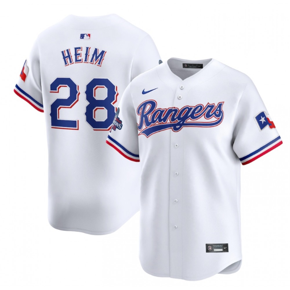 Men's Texas Rangers #28 Jonah Heim White 2023 World Series Champions Stitched Baseball Jersey 1
