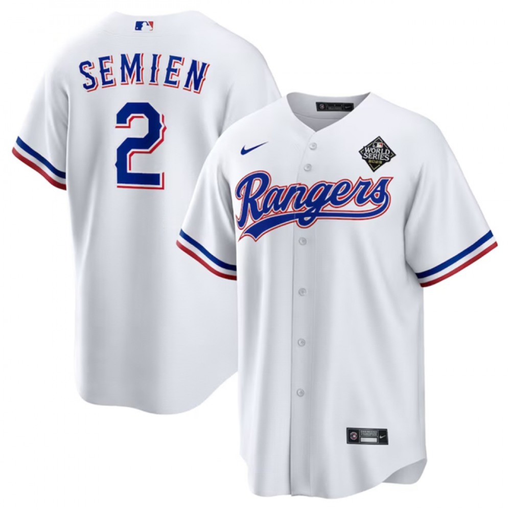 Men's Texas Rangers #2 Marcus Semien 2023 White World Series Stitched Baseball Jersey 1