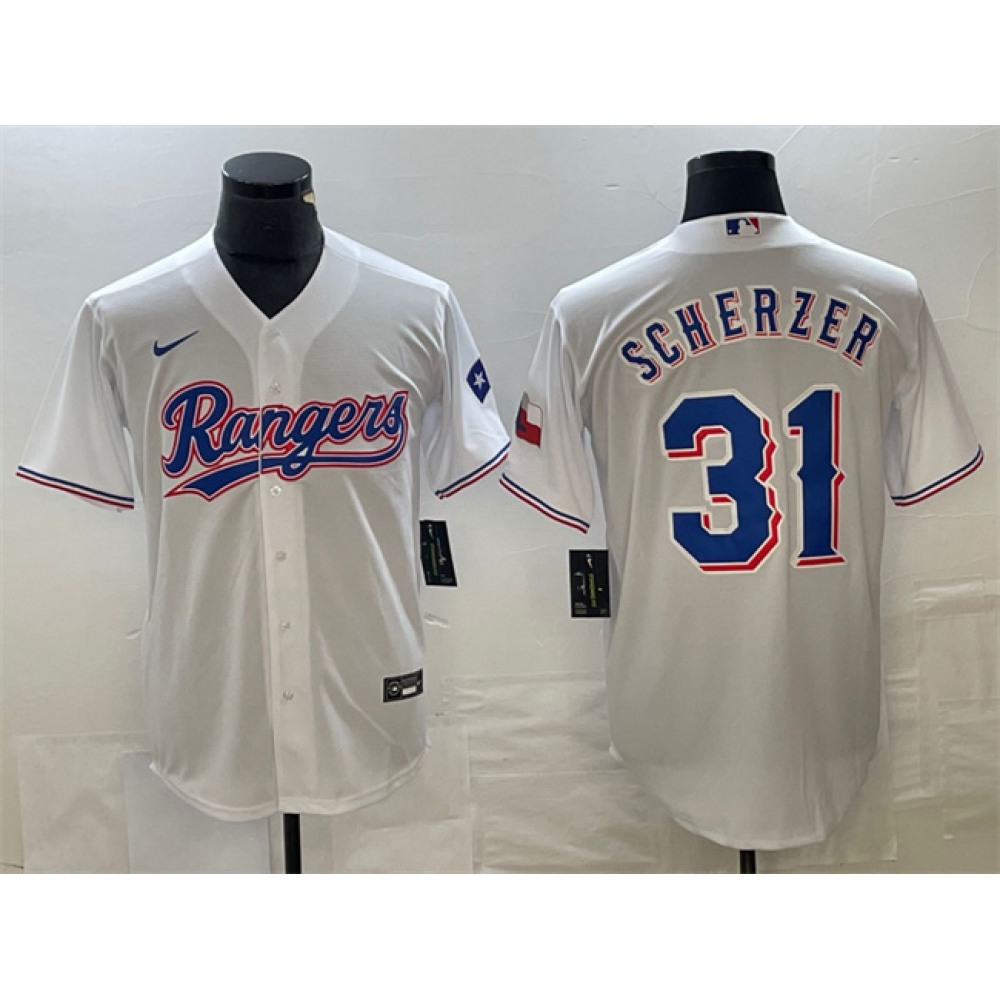Men's Texas Rangers #31 Max Scherzer White With Patch Cool Base Stitched Baseball Jersey 1
