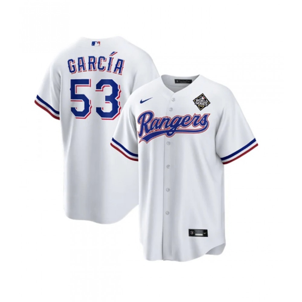 Men's Texas Rangers #53 Adolis Garcia White 2023 World Series Stitched Baseball Jersey 1