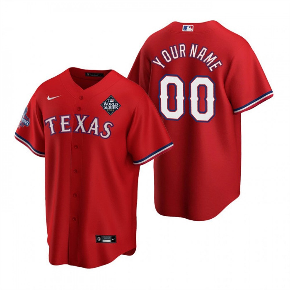 Men's Texas Rangers ACTIVE Player Custom Red 2023 World Series Patch And Champions Patch Cool Base Stitched Baseball Jersey 1