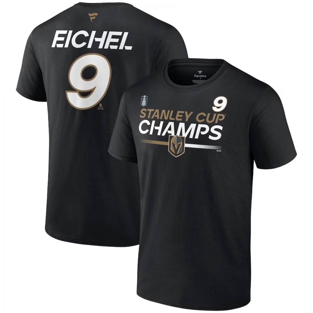 Men's Vegas Golden Knights #9 Jack Eichel Black 2023 Stanley Cup Champions Pro Name & Number T-Shirt 1