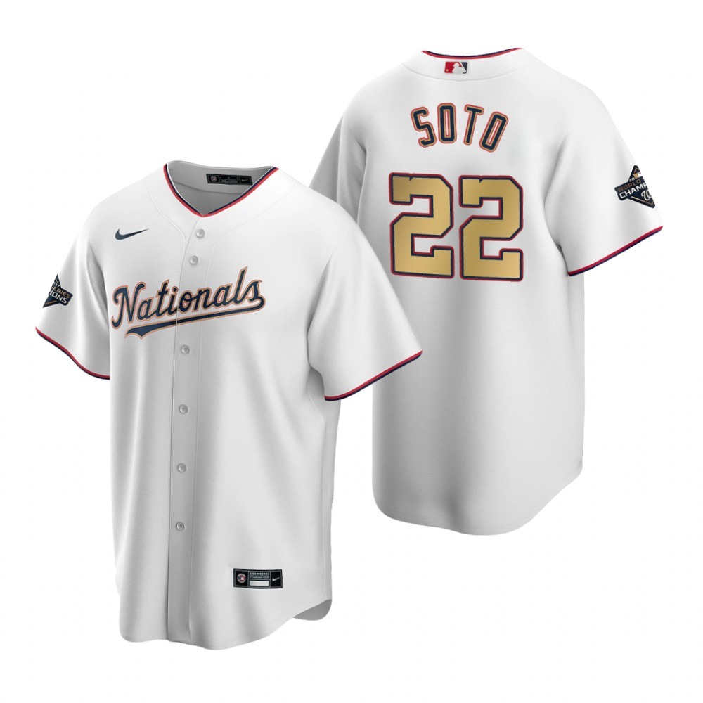 Men's Washington Nationals #22 Juan Soto White 2020 Gold Program Stitched Championship Jersey 1