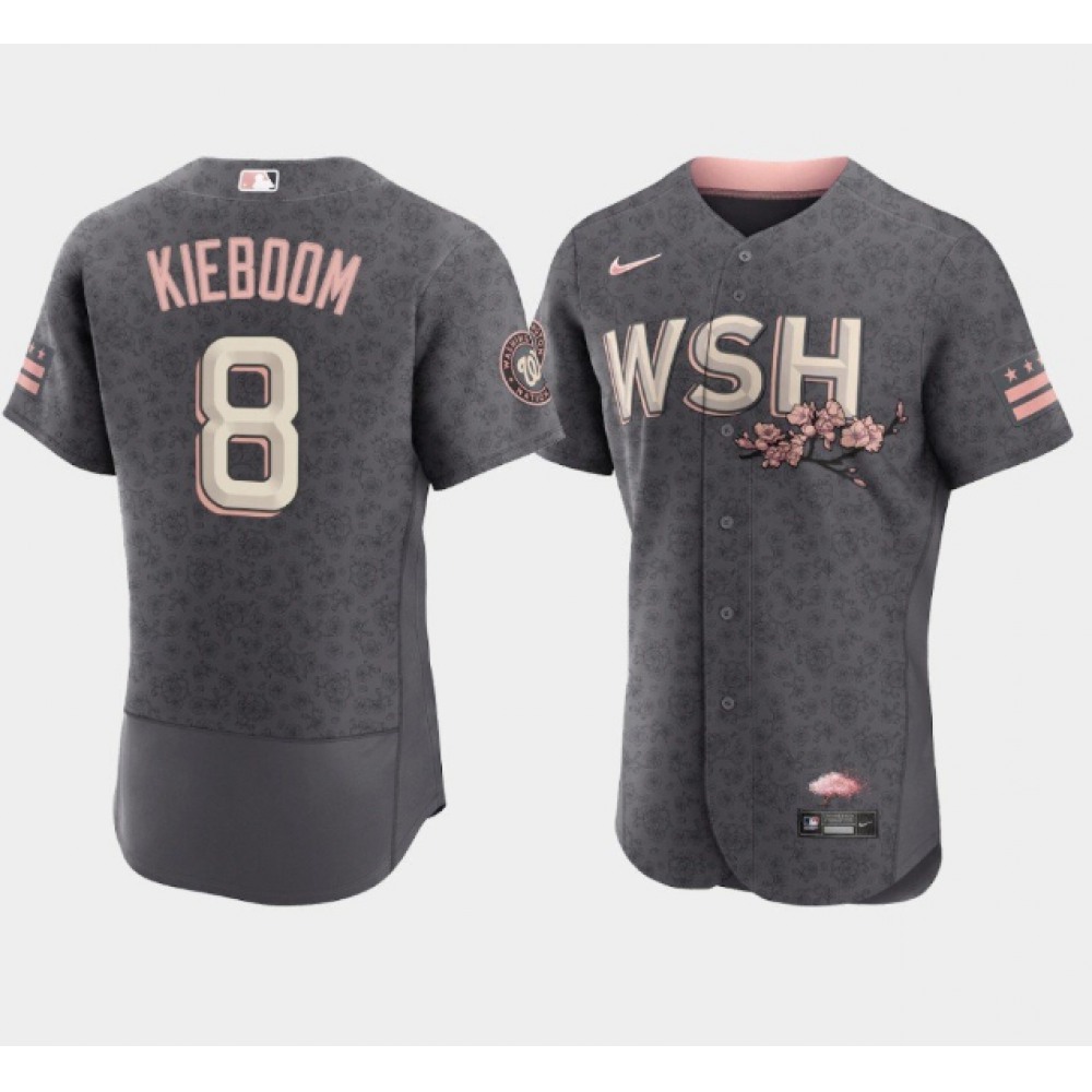 Men's Washington Nationals #8 Carter Kieboom 2022 Grey City Connect Cherry Blossom Flex Base Stitched MLB Jersey 1