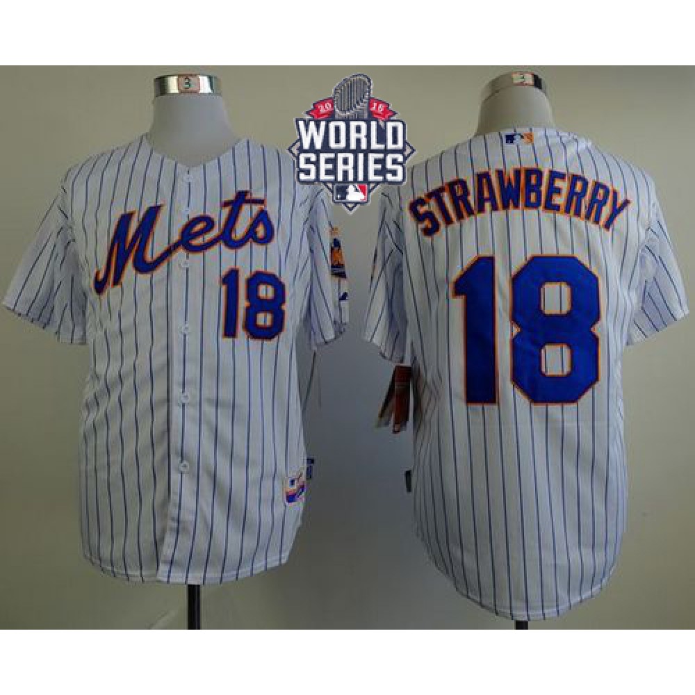 Mets #18 Darryl Strawberry White(Blue Strip) Home Cool Base W/2015 World Series Patch Stitched MLB Jersey 1