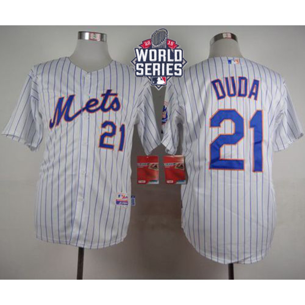 Mets #21 Lucas Duda White(Blue Strip) Home Cool Base W/2015 World Series Patch Stitched MLB Jersey 1