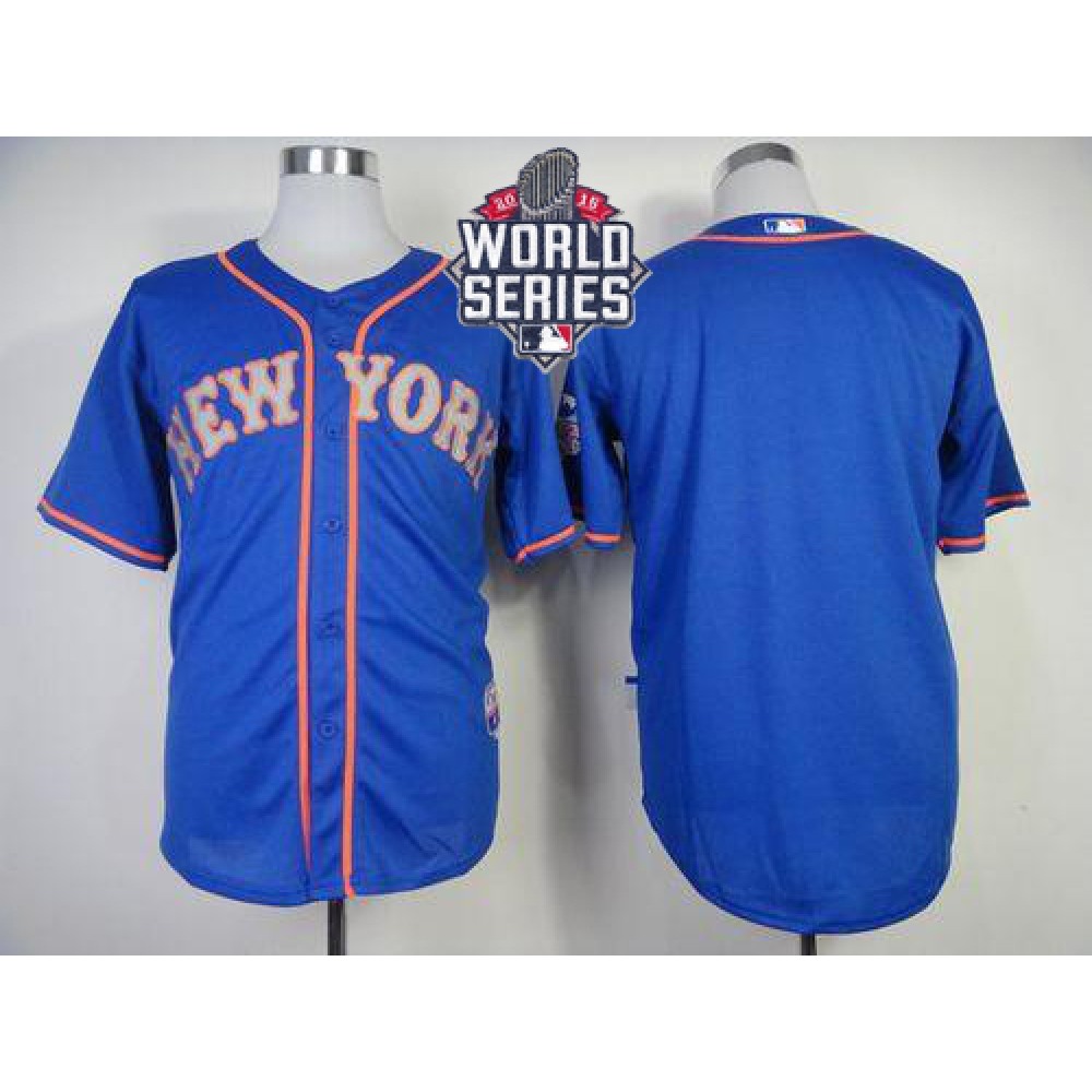 Mets Blank Blue Alternate Road Cool Base W/2015 World Series Patch Stitched MLB Jersey 1
