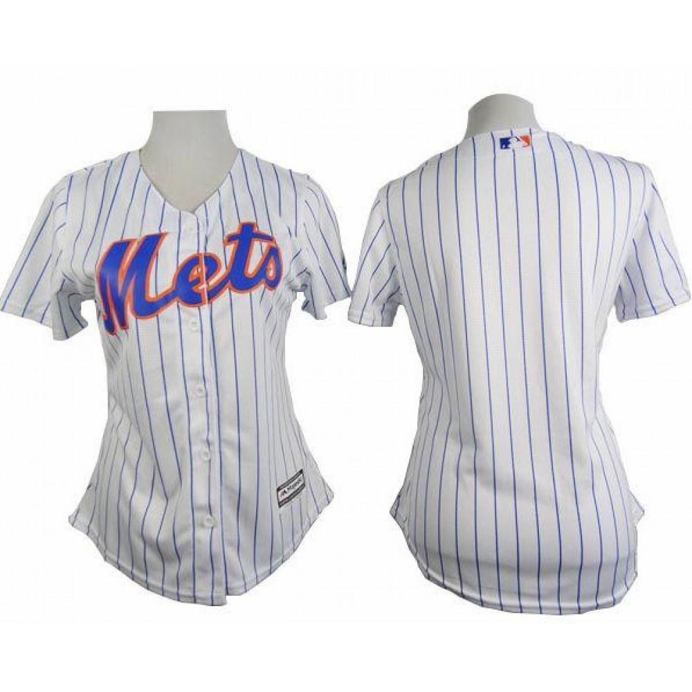 Mets Blank White(Blue Strip) Women's Home Stitched MLB Jersey 1