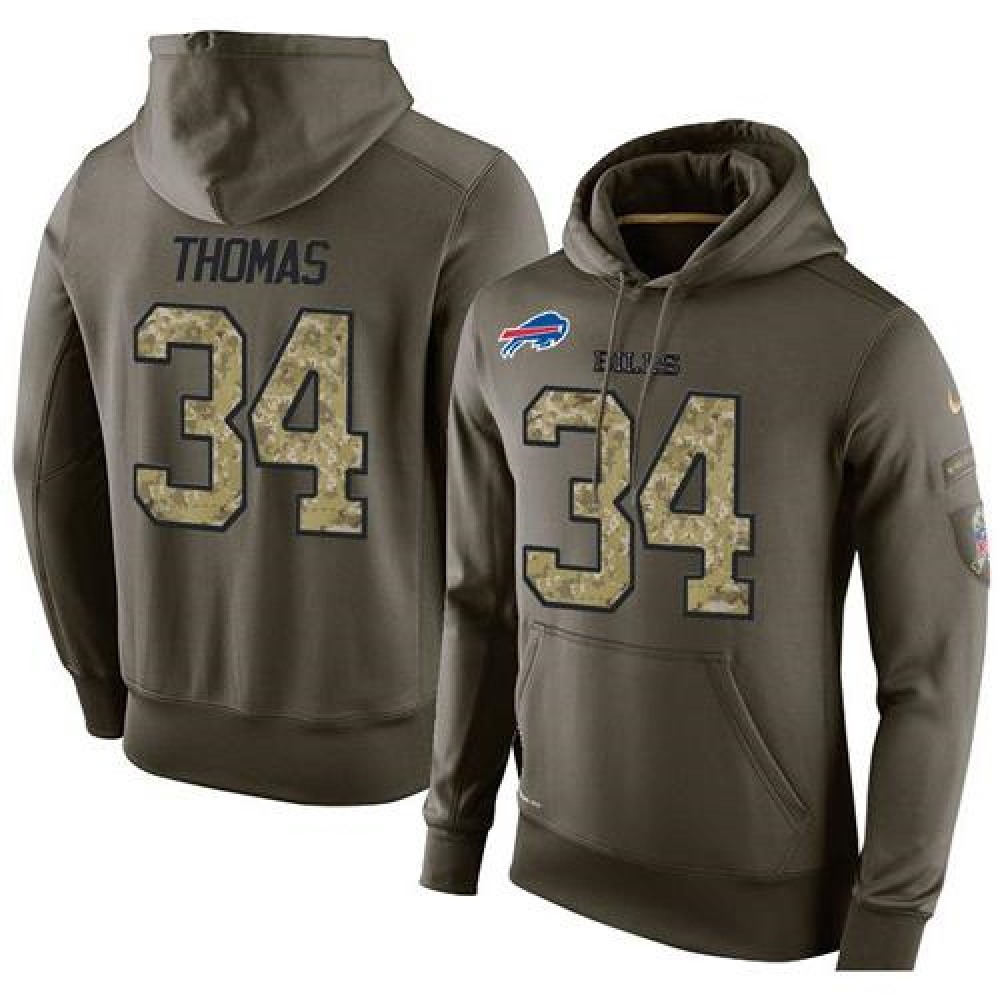 NFL Men's Buffalo Bills #34 Thurman Thomas Stitched Green Olive Salute To Service KO Performance Hoodie 1
