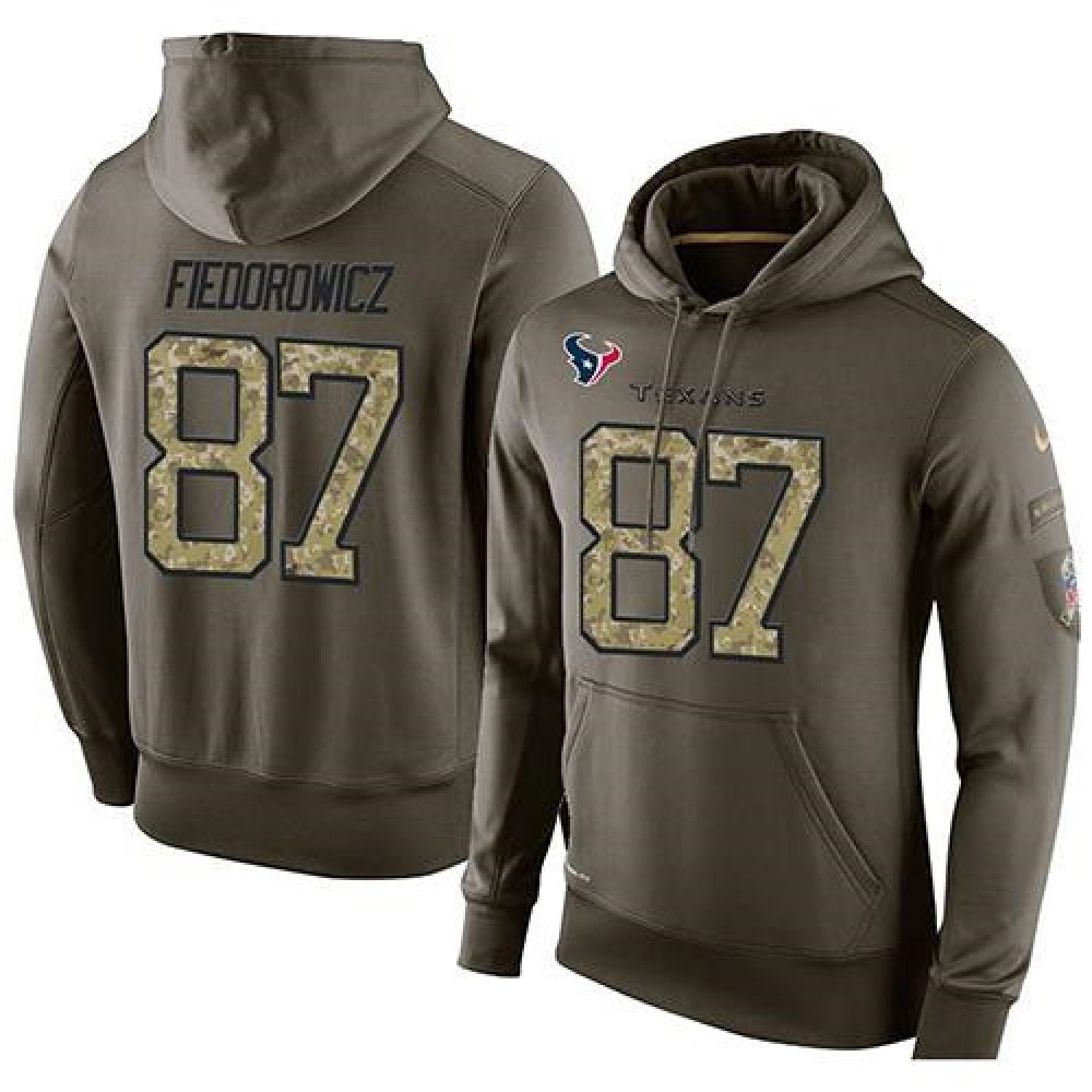 NFL Men's Houston Texans #87 C.J. Fiedorowicz Stitched Green Olive Salute To Service KO Performance Hoodie 1