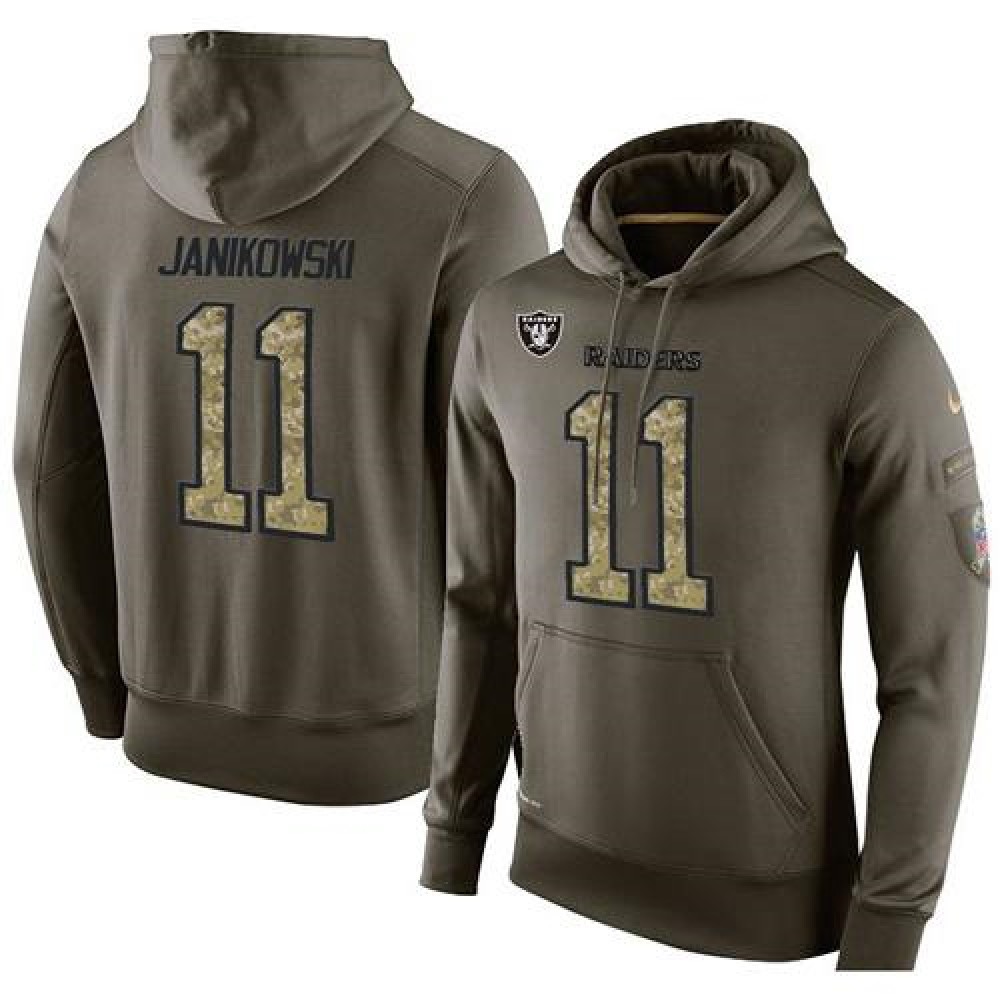 NFL Men's Oakland Raiders #11 Sebastian Janikowski Stitched Green Olive Salute To Service KO Performance Hoodie 1