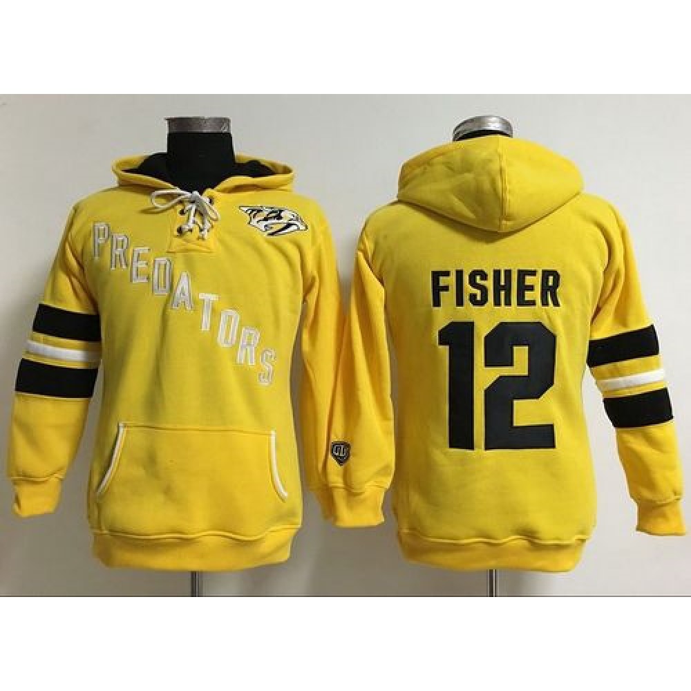 Nashville Predators #12 Mike Fisher Yellow Women's Old Time Heidi Hoodie NHL Hoodie 1