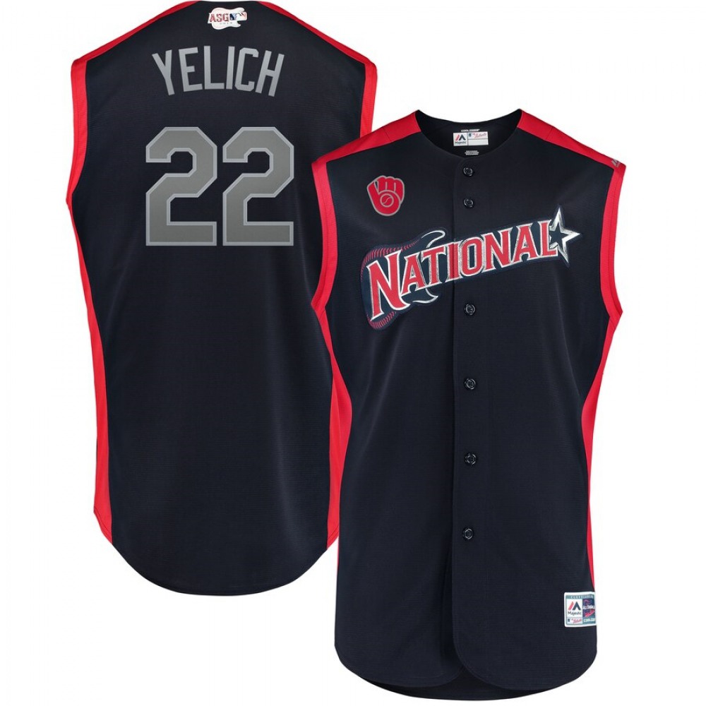 National League #22 Christian Yelich Navy 2019 MLB All-Star Game Workout Jersey 1