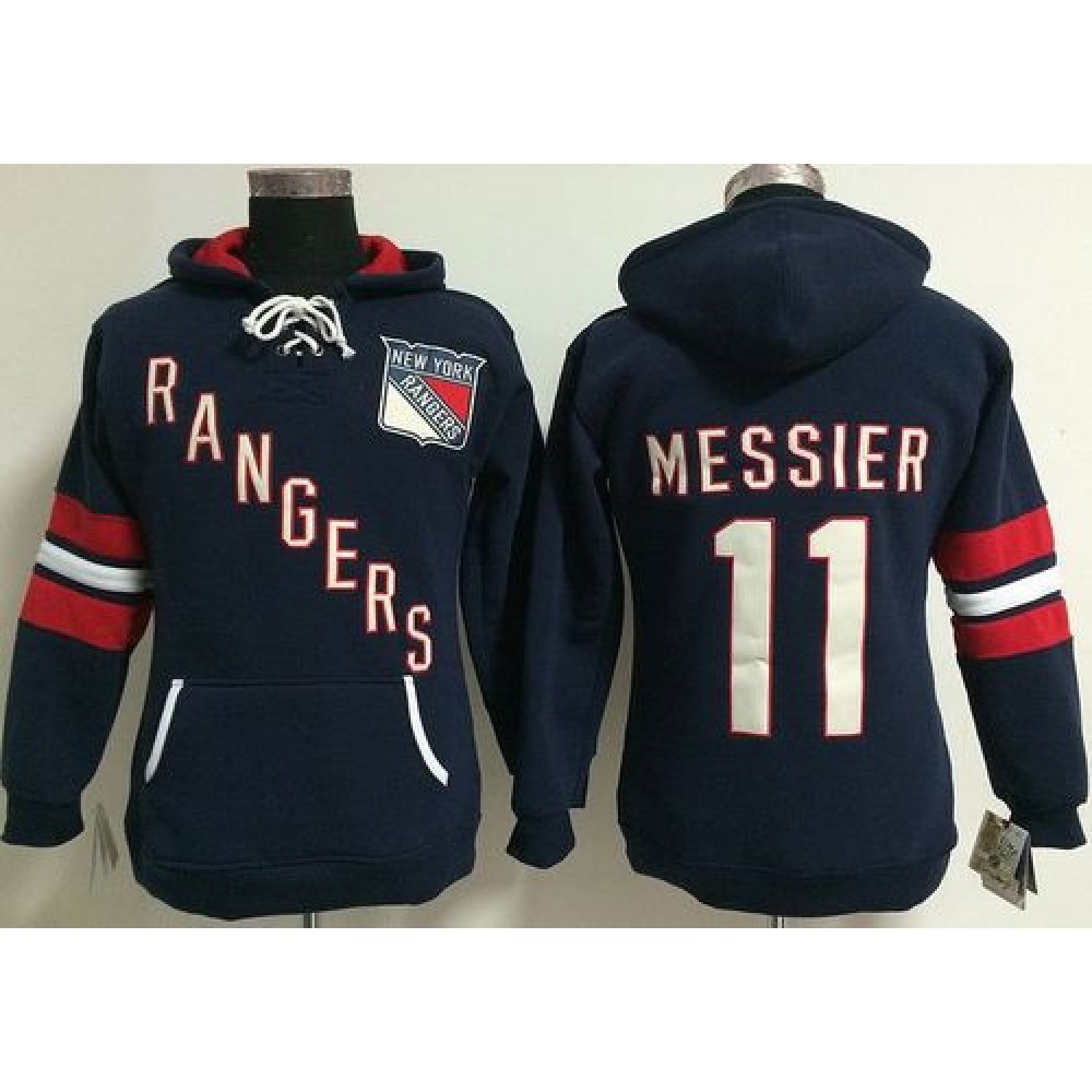 New York Rangers #11 Mark Messier Navy Blue Women's Old Time Heidi NHL Hoodie 1