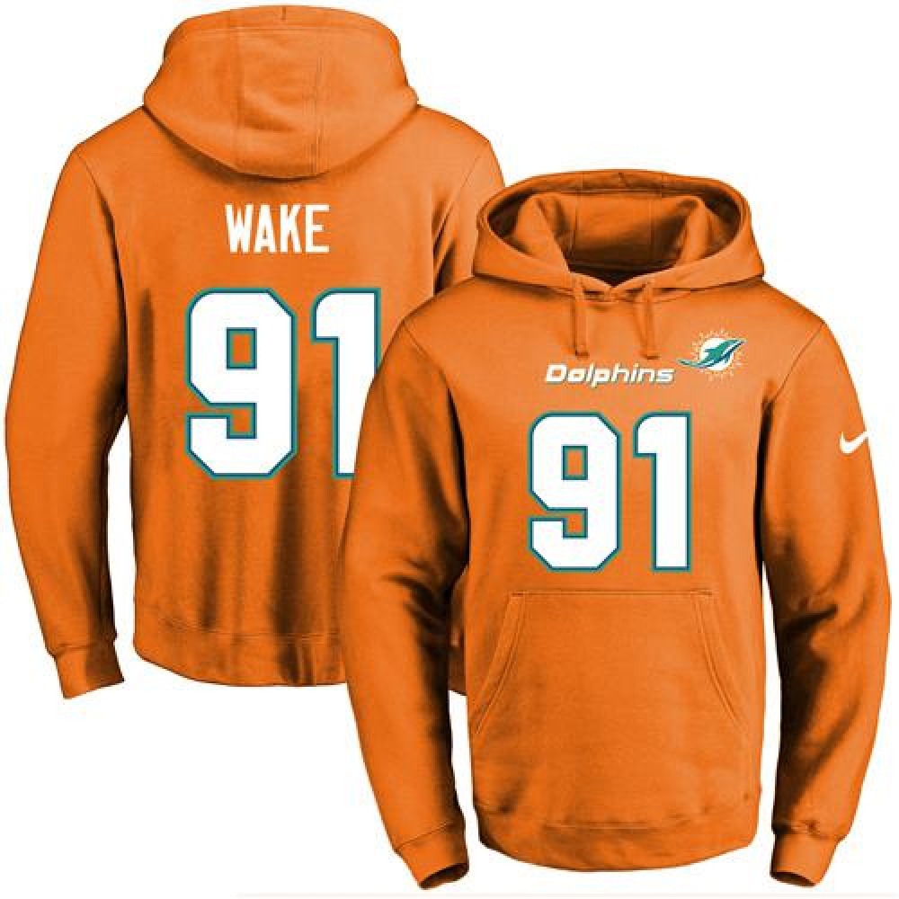 Dolphins #91 Cameron Wake Orange Name & Number Pullover NFL Hoodie 1