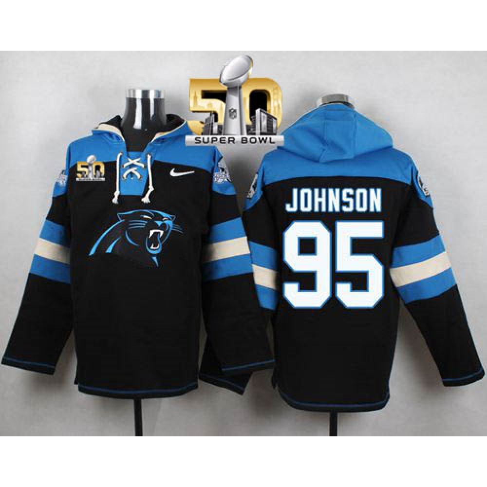 Panthers #95 Charles Johnson Black Super Bowl 50 Player Pullover NFL Hoodie 1