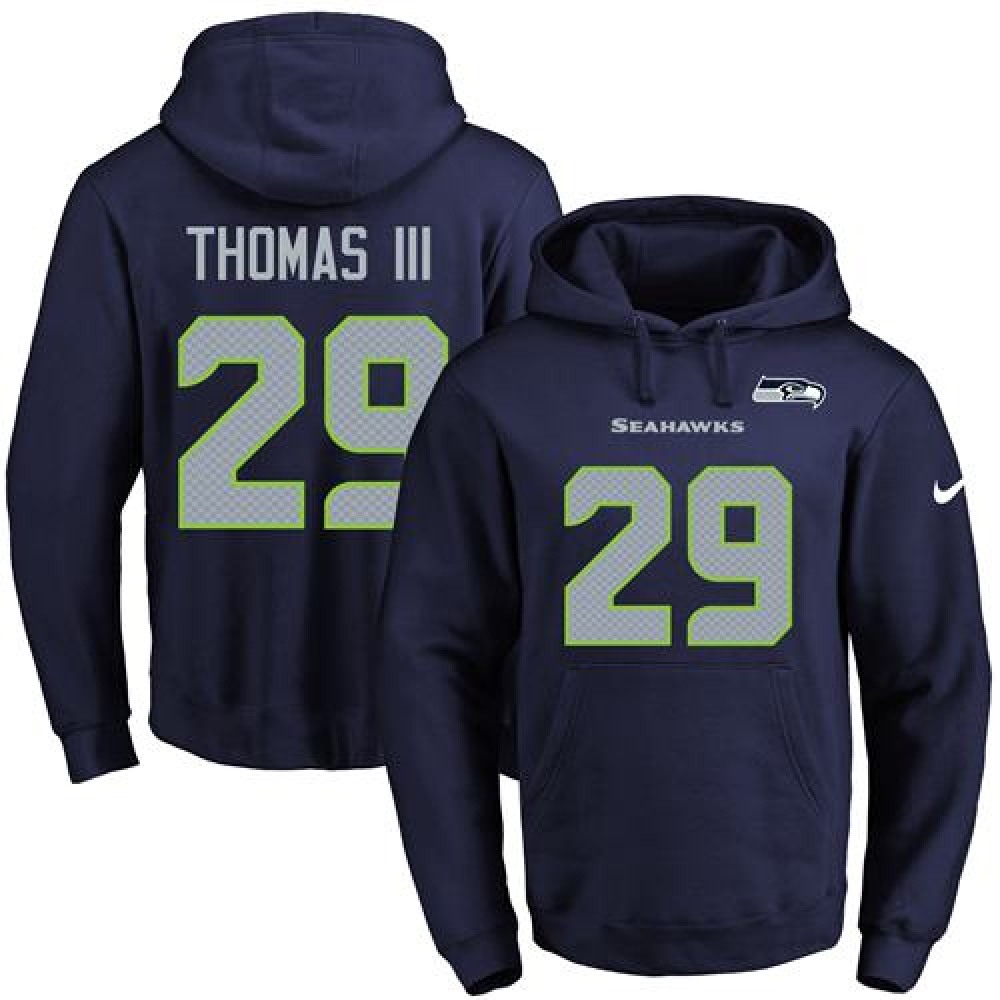 Seahawks #29 Earl Thomas III Navy Blue Name & Number Pullover NFL Hoodie 1
