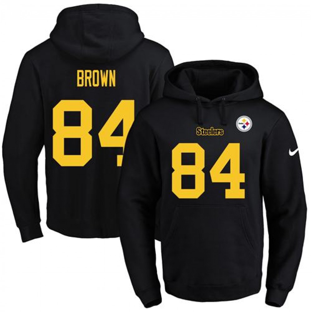 Steelers #84 Antonio Brown Black(Gold No.) Name & Number Pullover NFL Hoodie 1