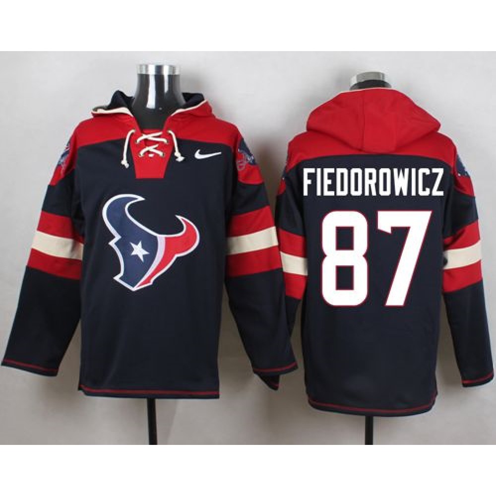 Texans #87 C.J. Fiedorowicz Navy Blue Player Pullover NFL Hoodie 1