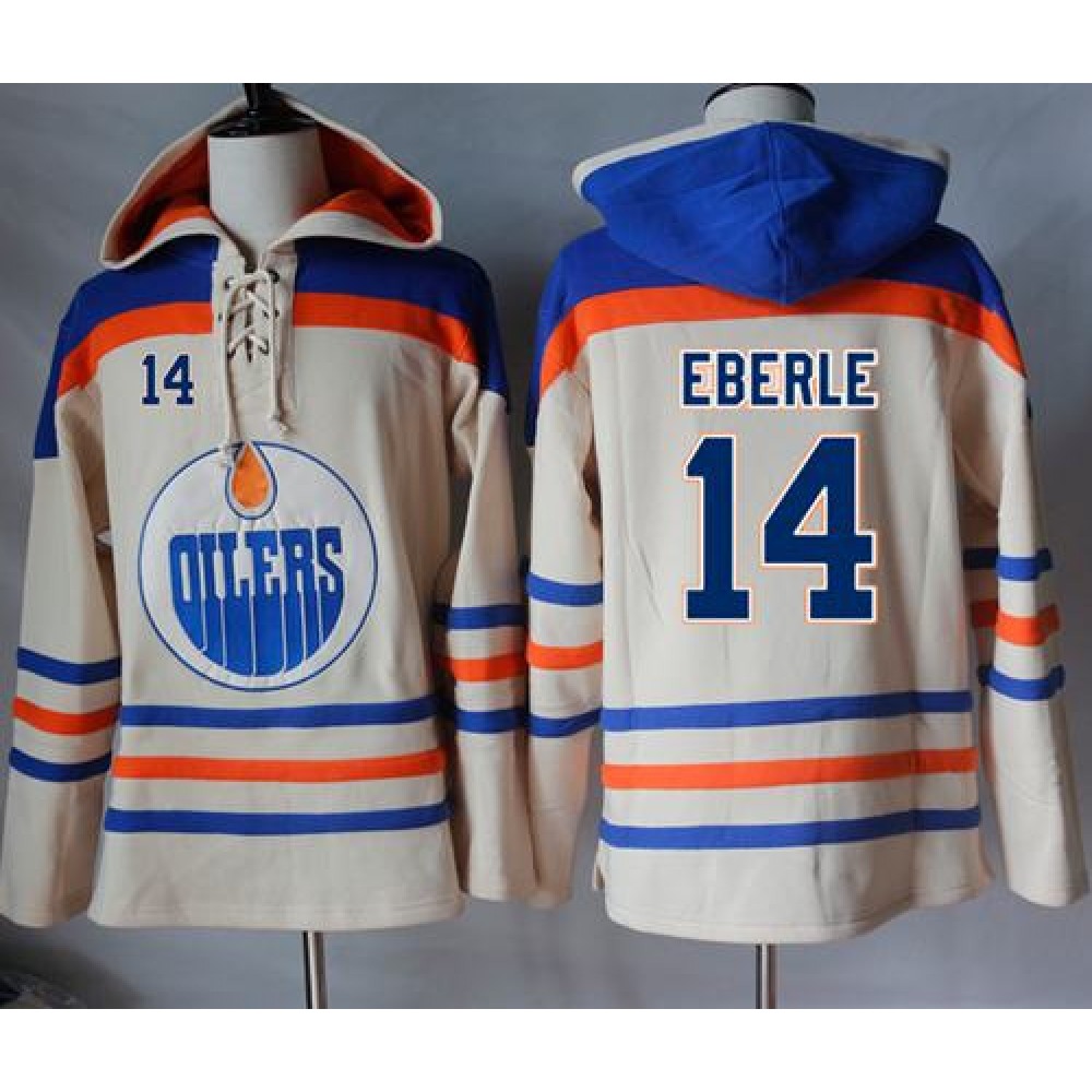 Oilers #14 Jordan Eberle Cream Sawyer Hooded Sweatshirt Stitched NHL Jersey 1