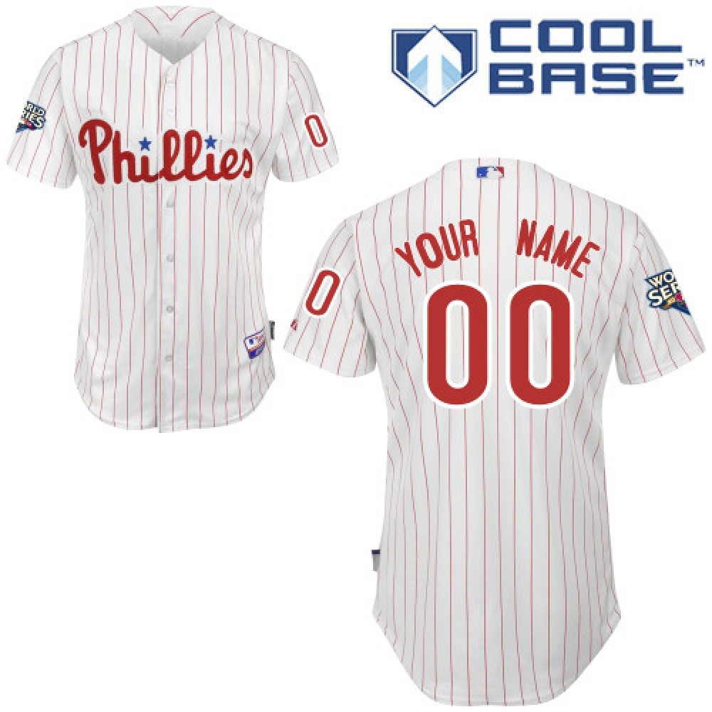 Phillies Personalized Authentic White Red Strip w/2009 World Series Patch Cool Base MLB Jersey 1