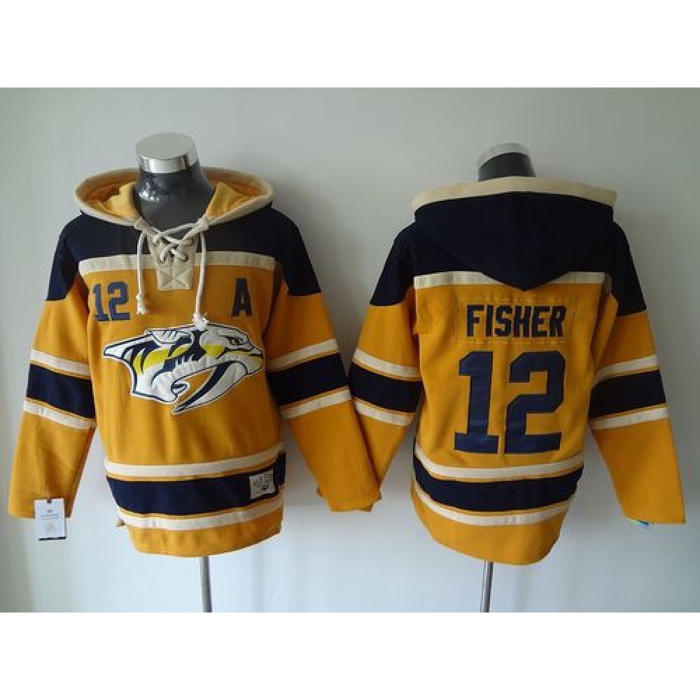 Predators #12 Mike Fisher Yellow Sawyer Hooded Sweatshirt Stitched NHL Jersey 1