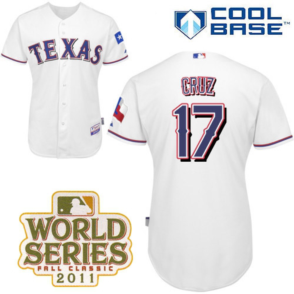 Rangers #17 Nelson Cruz White Cool Base 2011 World Series Patch Stitched MLB Jersey 1