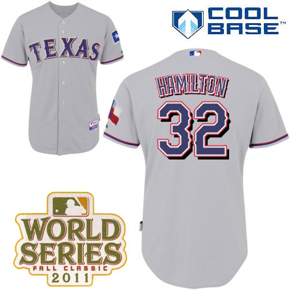 Rangers #32 Josh Hamilton Grey Cool Base 2011 World Series Patch Stitched MLB Jersey 1