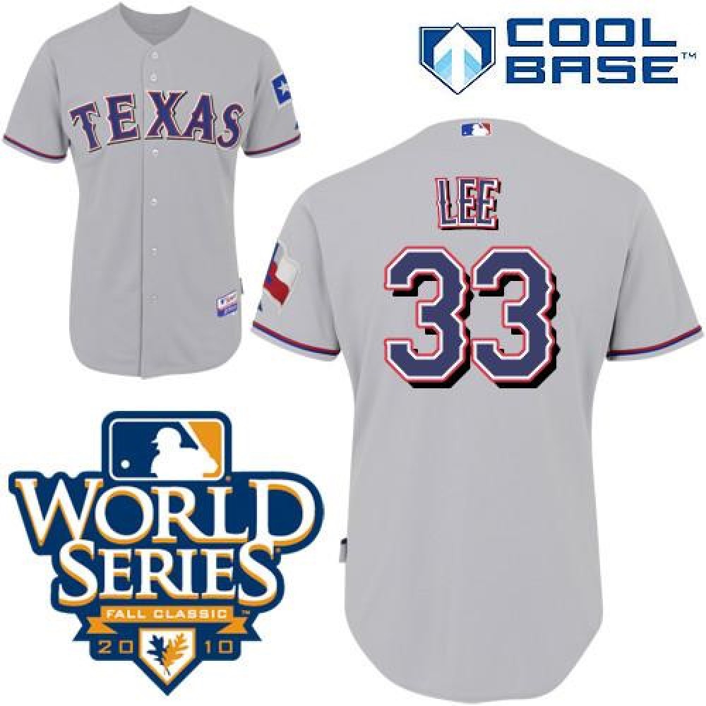Rangers #33 Cliff Lee Grey Cool Base w/2010 World Series Patch Stitched MLB Jersey 1