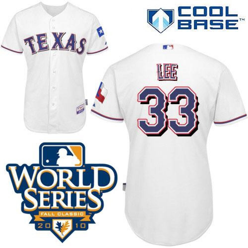 Rangers #33 Cliff Lee White Cool Base w/2010 World Series Patch Stitched MLB Jersey 1