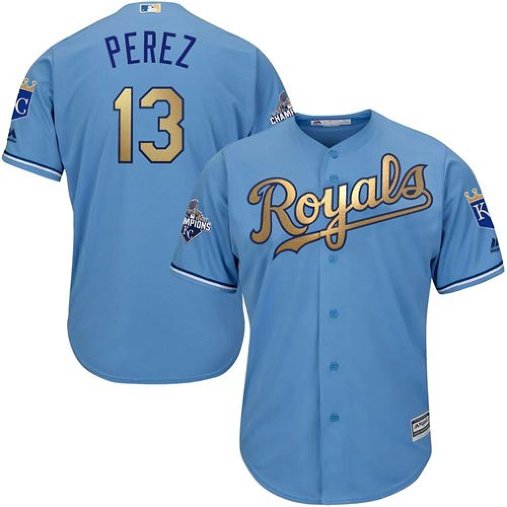Royals #13 Salvador Perez Light Blue 2015 World Series Champions Gold Program Cool Base Stitched Youth MLB Jersey 1