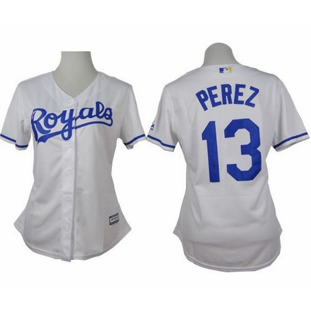 Royals #13 Salvador Perez White Home Women's Stitched MLB Jersey 1