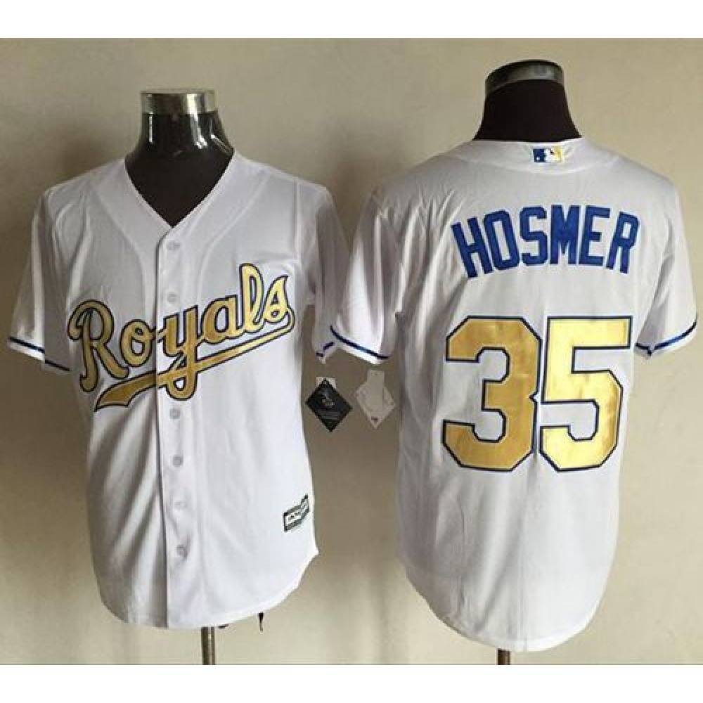 Royals #35 Eric Hosmer White New Cool Base 2015 World Series Champions Gold Program Stitched MLB Jersey 1