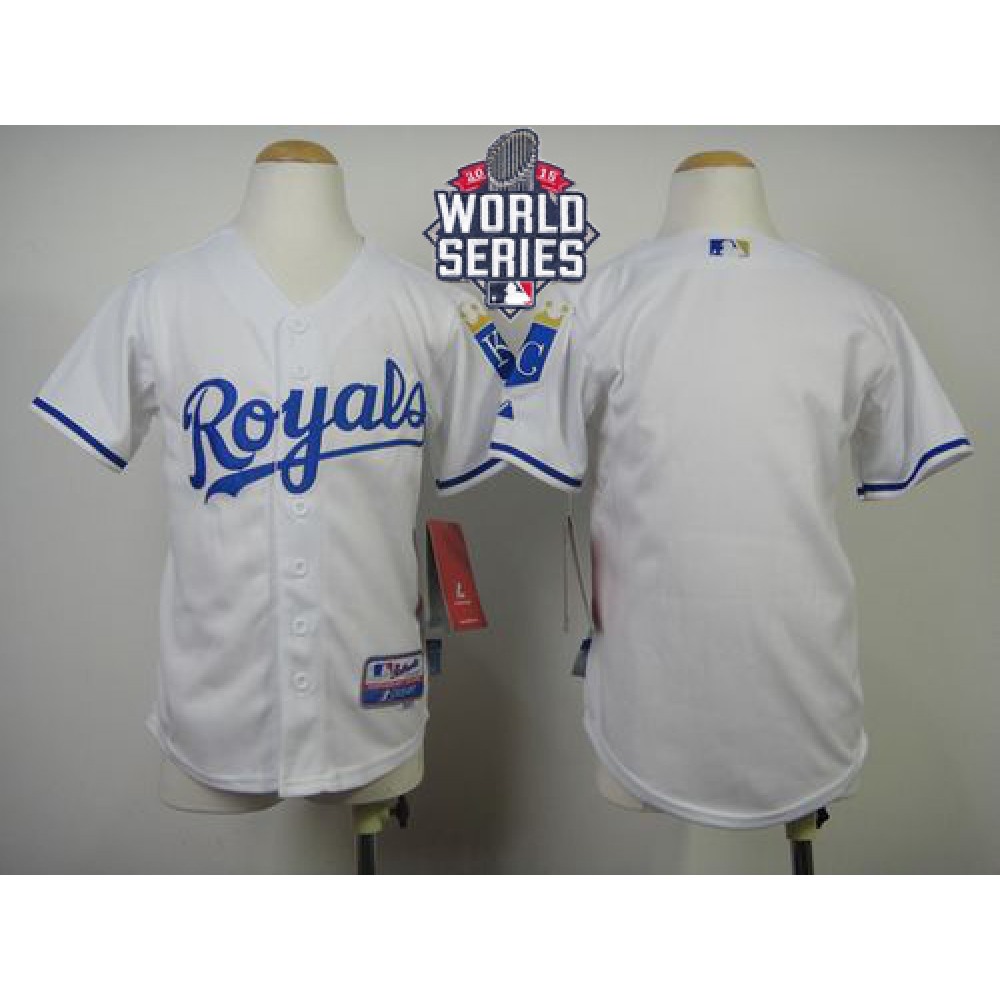 Royals Blank White Cool Base W/2015 World Series Patch Stitched Youth MLB Jersey 1