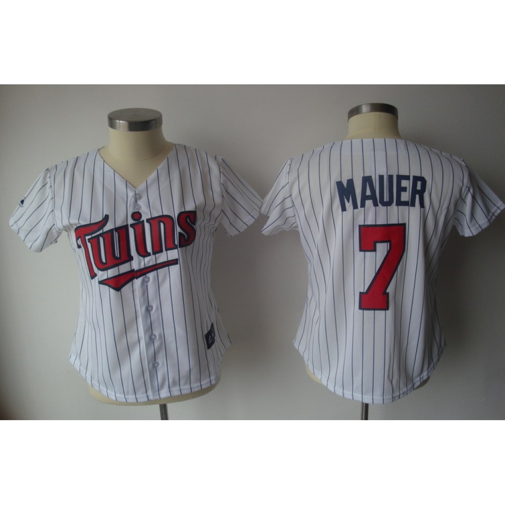 Twins #7 Joe Mauer White With Blue Strip Lady Fashion Stitched MLB Jersey 1