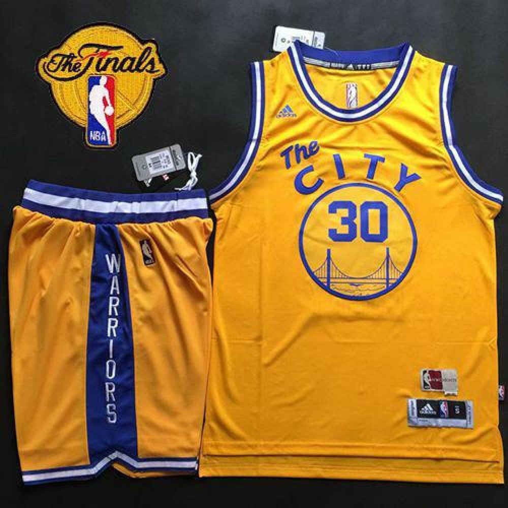 Warriors #30 Stephen Curry Gold Throwback The City A Set The Finals Patch Stitched NBA Jersey 1