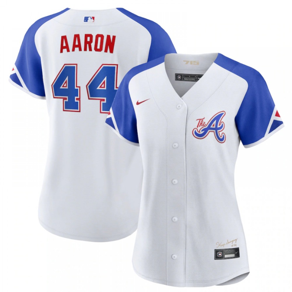Women's Atlanta Braves #44 Hank Aaron White 2023 City Connect Stitched Baseball Jersey(Run Small) 1
