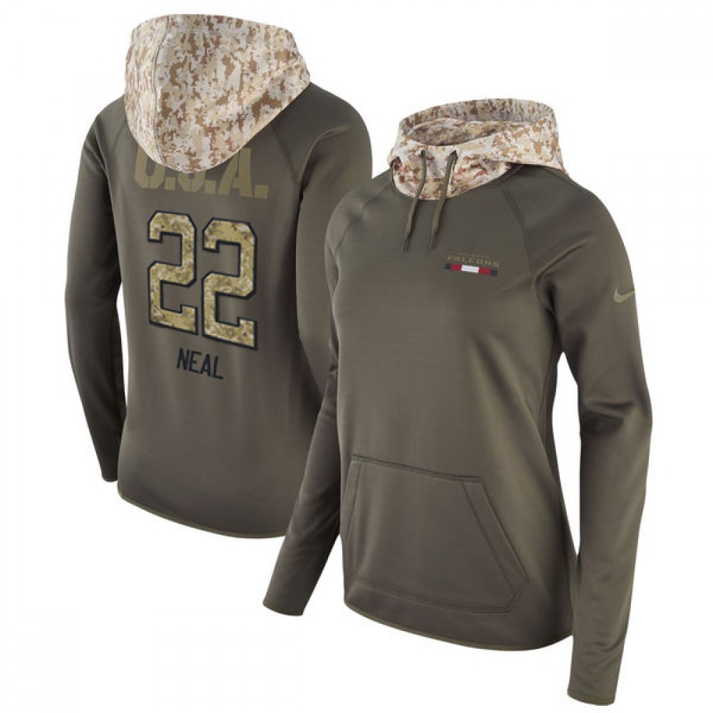 Women's Atlanta Falcons #22 Keanu Neal Olive Salute to Service Sideline Therma Pullover Hoodie 1