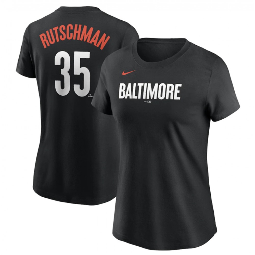 Women's Baltimore Orioles #35 Adley Rutschman Black 2023 City Connect Name & Number T-Shirt(Run Small) 1