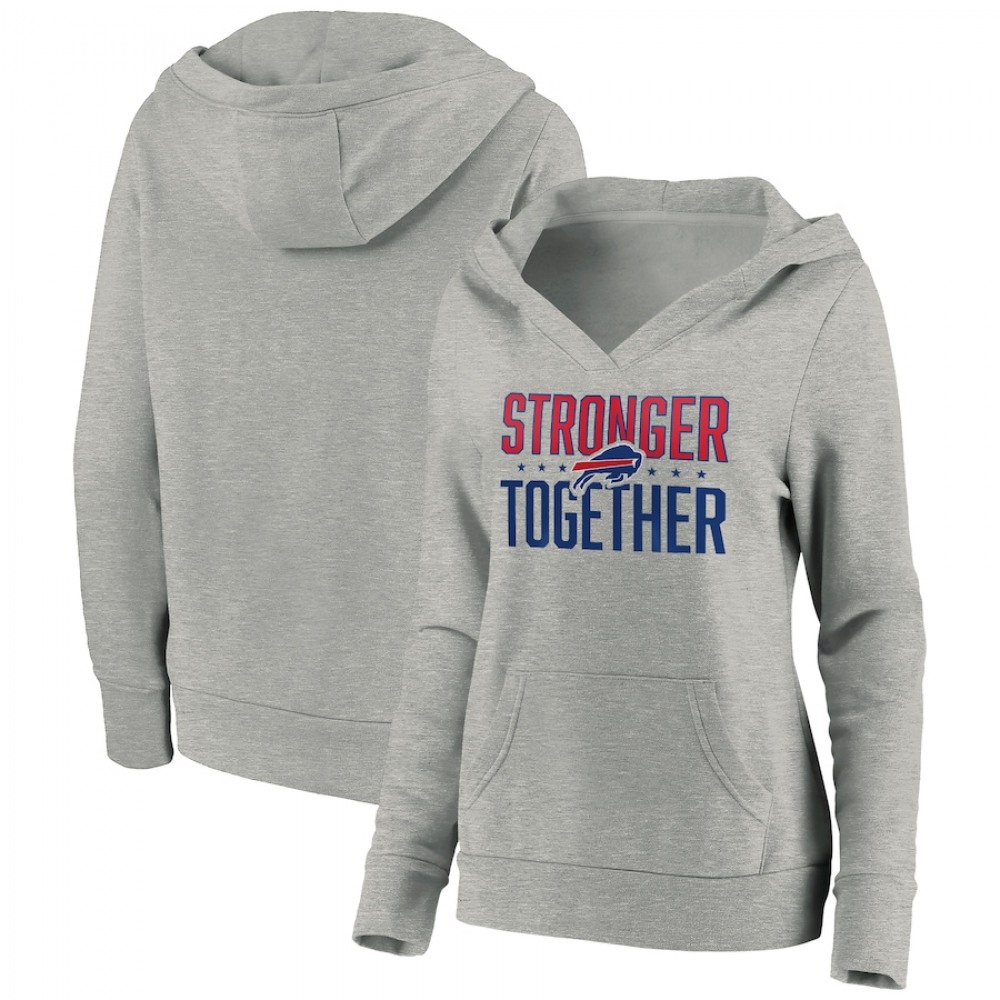 Women's Buffalo Bills Heather Gray Stronger Together Crossover Neck Pullover Hoodie(Run Small) 1
