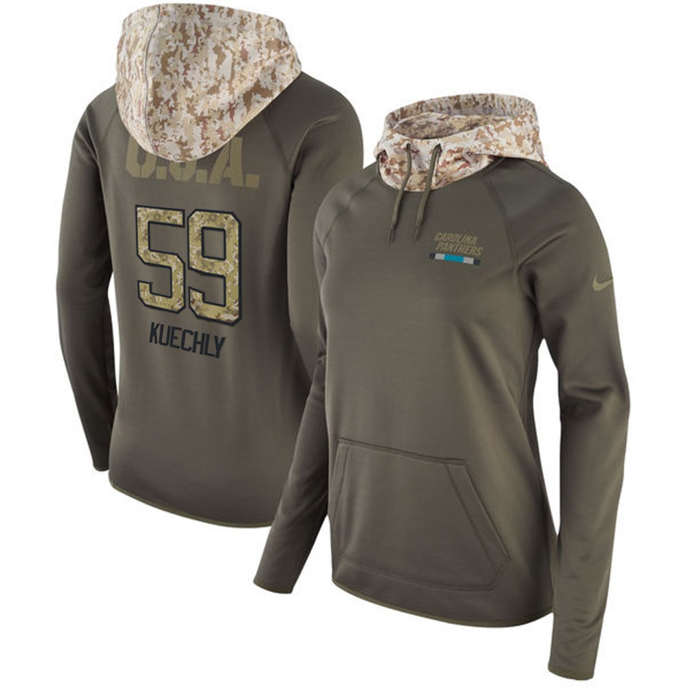 Women's Carolina Panthers #59 Luke Kuechly Olive Salute to Service Sideline Therma Pullover Hoodie 1