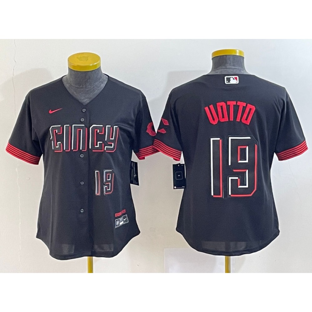 Women's Cincinnati Reds #19 Joey Votto Black 2023 City Connect With Patch Stitched Baseball Jersey(Run Small) 1