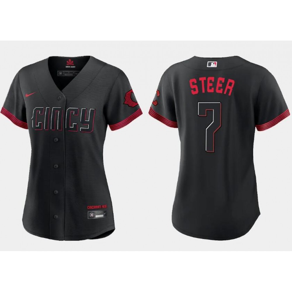 Women's Cincinnati Reds #7 Spencer Steer Black 2023 City Connect Stitched Baseball Jersey(Run Small) 1