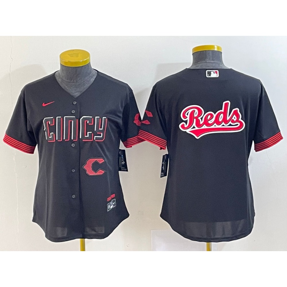 Women's Cincinnati Reds Black Team Big Logo 2023 City Connect With Patch Stitched Baseball Jersey(Run Small) 1