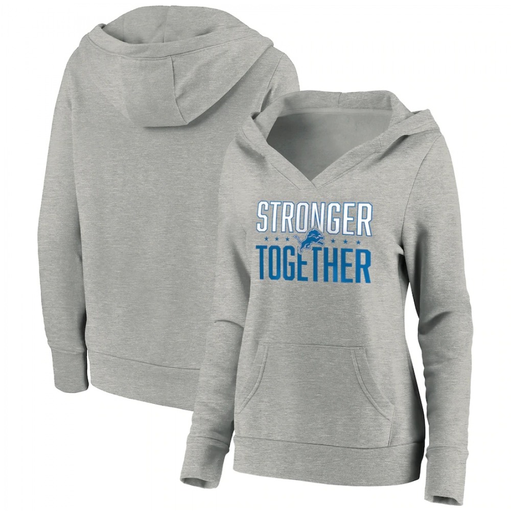 Women's Detroit Lions Heather Gray Stronger Together Crossover Neck Pullover Hoodie(Run Small) 1