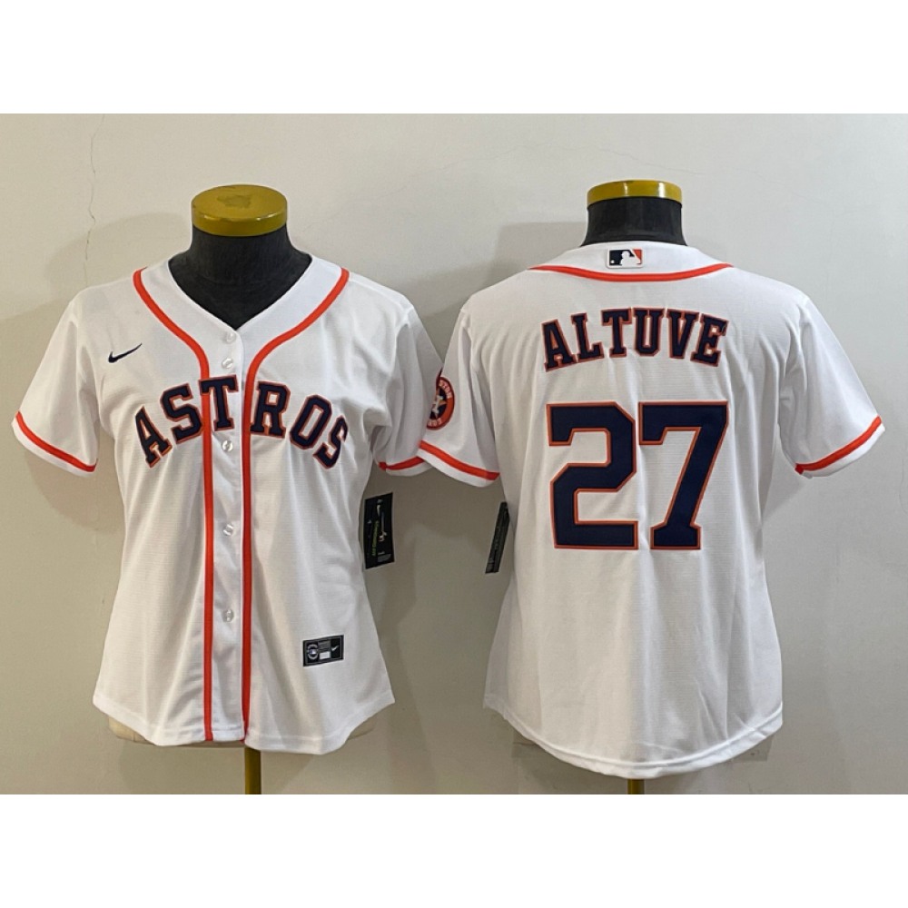 Women's Houston Astros #27 Jose Altuve White With Patch Cool Base Stitched Baseball Jersey(Run Small) 1
