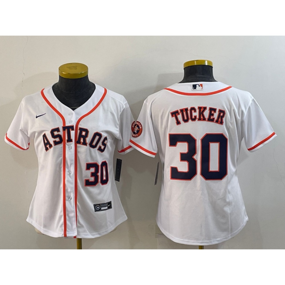 Women's Houston Astros #30 Kyle Tucker White With Patch Cool Base Stitched Baseball Jersey(Run Small) 1