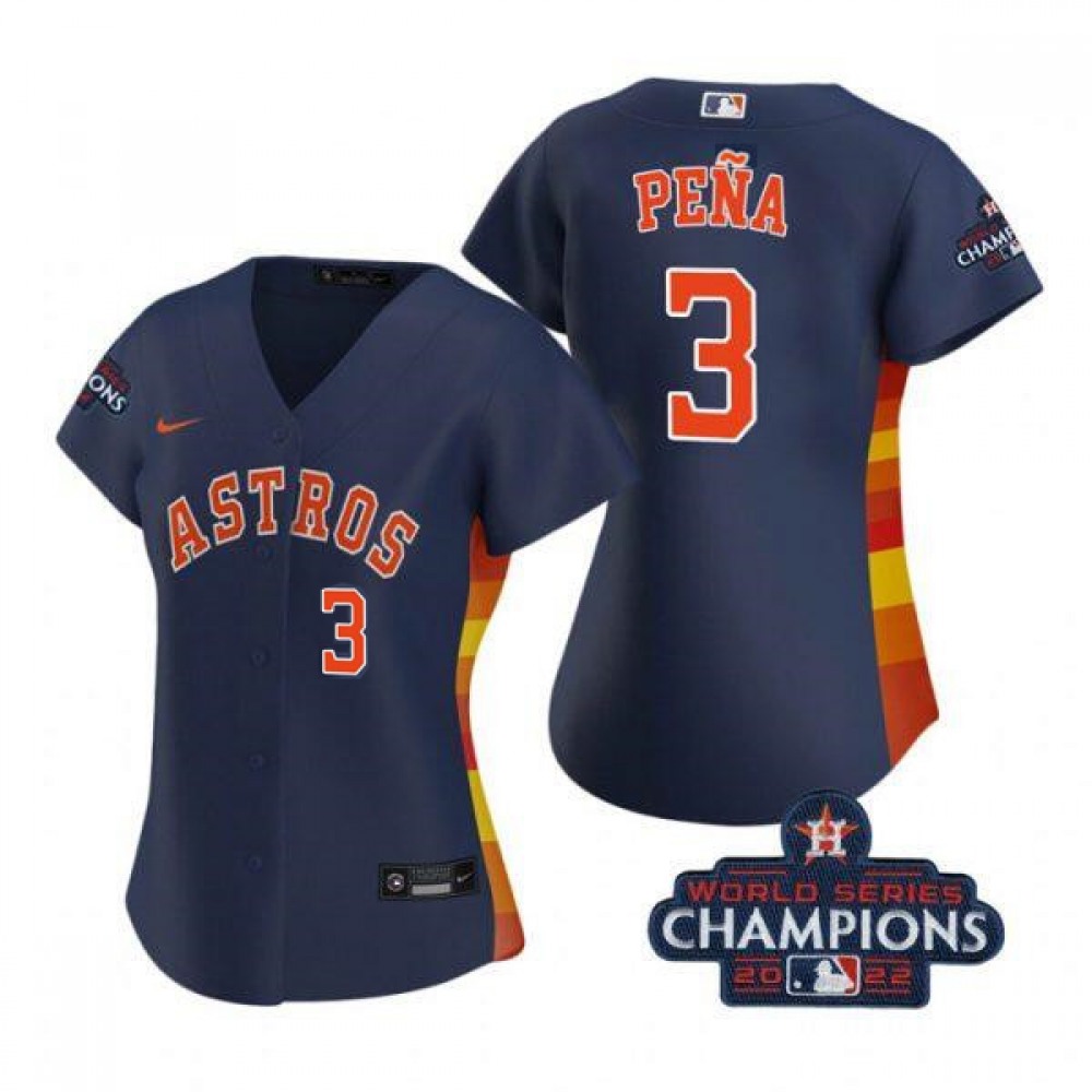 Women's Houston Astros #3 Jeremy Pena Navy 2022 World Series Champions With No. in Front Stitched Baseball Jersey(Run Small) 1