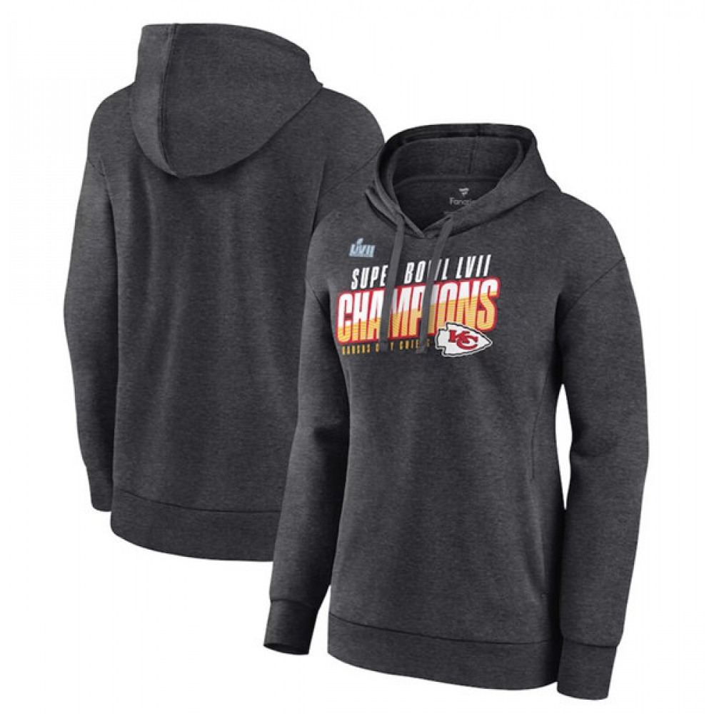 Women's Kansas City Chiefs Charcoal Super Bowl LVII Champions Victory Formation Pullover Hoodie(Run Small) 1